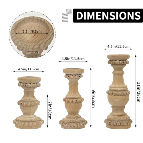 Farmhouse Wooden Candle Holders for Pillar Candles, Set of 3 Vintage Wooden Beaded Candle Holder, Tall Candle Stand Decorative for Living Room, Table Centerpiece (Natural) - color: Natural