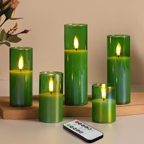 Eywamage Green Glass Flameless Candles with Remote Batteries, LED Pillar Candles Flickering Spring Home Decor Set of 5 - color: Green
