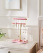 Lolalet 2-Tier Necklace Holder Display, Velvet Wrapped Bracelet Stand with Removable Ring Tray, Tall Jewelry Organizer for Bangles Watches Earrings, Galentines Valentines Gifts for Girls Women -Pink - color: Pink
