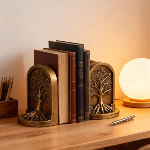 Tree of Life Bookends Set – 6.1" Resin Decorative Bookends, Antique Bronze Finish, Non-Skid Heavy Duty Support for Books, Bookshelf Decor, Office, Library, Housewarming Gift - color: Antique Bronze