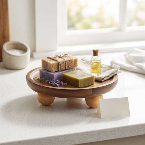 5.1 Inch Acacia Wood Round Tray with Raised Feet, Decorative Serving Tray for Jewelry, Keys, Candles, Rustic Home Decor for Vanity, Entryway Display