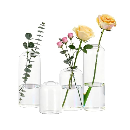 Glasseam Glass Bud Vase for Centerpieces, 4pcs Small Flower Vase Set for Single Rose Bouquet, Modern Minimalis Clear Table Centerpieces for Home Decor Living Room Bathroom Kitchen Wedding Party
