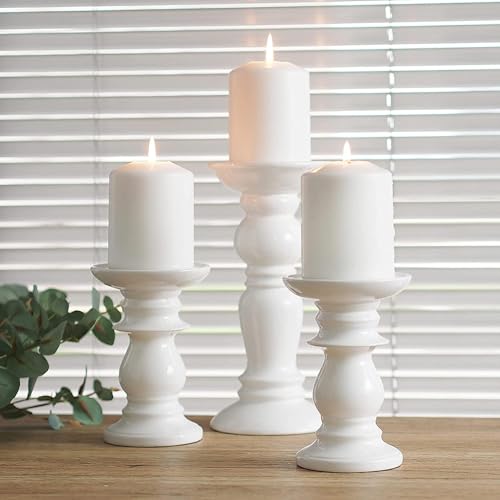 Hosley Set of 3 Ceramic White Pillar Candle Holders Two 6 inch and One 9.5 inch High Ideal for LED and Pillar Candles Gifts for Wedding Party Home Spa Aromatherapy Votive Candle Gardens - color: 1-white