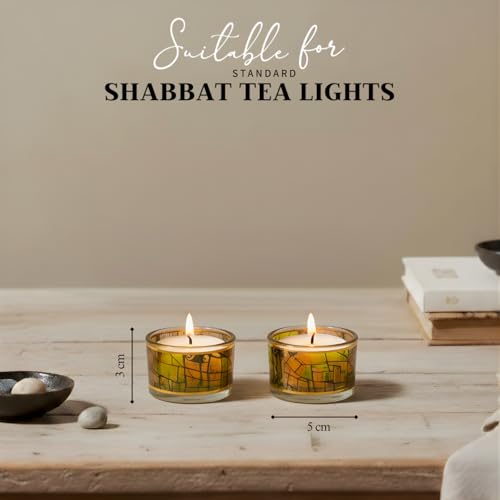 SURI Chagall Style Shabbat Candle Holders Set of 2 – Glass Shabbos Sabbath Tea Light Holders, Jewish Home Décor - color: Yellow (Chagall), size: Short
