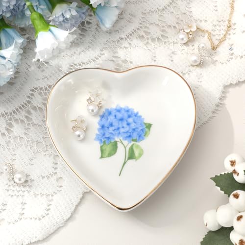 AnyDesign Hydrangea Flower Ring Dish Heart Shaped Ceramic Jewelry Tray Watercolor Blue Floral Trinket Dish for Spring Women Birthday Wedding Engagement Bridal Shower Party Supplies
