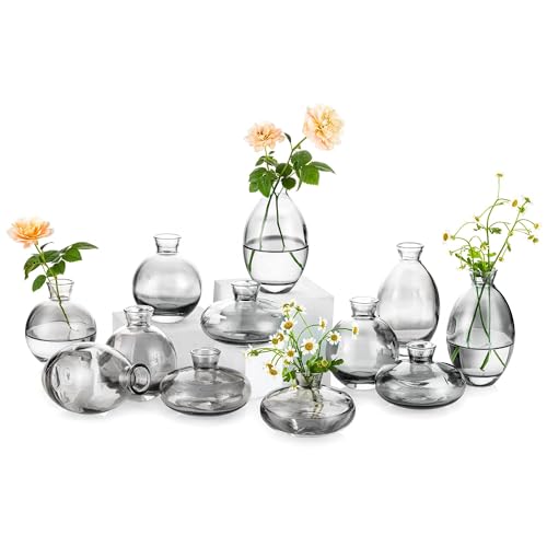 Glass Bud Vase for Centerpieces, 12Pcs/4Sets Glasseam Modern Gray Mini Small Vases for Flowers Bulk Flower Vase Set Aesthetic Cute Handmade Tiny Short Wedding Table Centerpiece Decor - color: Gray, size: 4 Sets