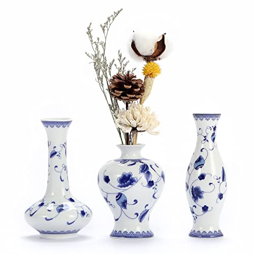 Blue and White Small Bud Vase Set, 3 Petite Classic Oriental Bottle Vases for Window sill, Mini Art Fambe Glaze Floral Porcelain Vase Idea Shelf décor and Coffee Table décor - color: Blue & White No.3