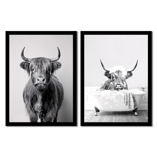 Highland Cow Bathroom Wall Art Set of 2 Framed Canvas Prints Funny Farm Animal Bathtub Artwork Black and White Rustic Modern Wall Decor Pictures with Solid Wood Frame & Acrylic Cover Cute wall decor 12X16IN - color: Highland Cow, size: 16"L x 12"W