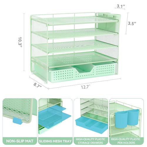 LEKETREE Desk Organizers and Accessories, 5-Tier Paper Letter Tray Organizer with Drawer & 2 Pen Holders, Desktop Organizer for Office Supplies (Green) - color: Green, size: 12" x 8" x 10"