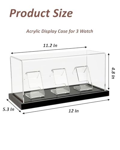 Acrylic Watch Display Case for 3 Watches, Premium 3mm Thick Dustproof Collector's Box with Solid Wood LED Light Base, USB Powered Watch Holder Organizer Stand - size: Display Case (LED) For 3 Watch