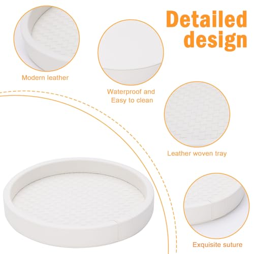Round Woven Leather Tray, 10" Dia Vanity Tray, Leather Catchall Organizer for Jewelry, Perfume, Keys, Desk Valet Tray for Nightstand, Dresser, Coffee Table Decor, Beige