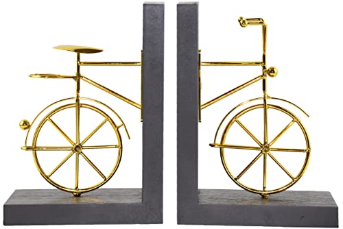 Spiretro Bicycle Bookend Supports, Decorative Book Stoppers with Non-Skid Bottom, Handcrafted Distressed Wood & Metal Book Stand, Display for Bookshelf Office Desktop, 1-Pair, Golden & Brown