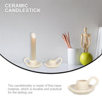 Luxshiny Ceramic Candle Holder Set 2Pcs Nordic Style Taper Candlestick Holders with Handle Small Beige Ceramic Candle Stands for Home Decor Wedding Dining Table Ambient Lighting