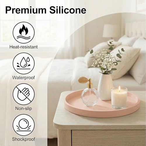 Round Pink Silicone Decorative Bathroom Vanity Tray 9 Inch, Counter Tray for Bathroom Countertop Perfume Holder Dresser Organizer Coffee Table Candle, Non-Slip Durable for Home Use - color: Pink, size: 9.06