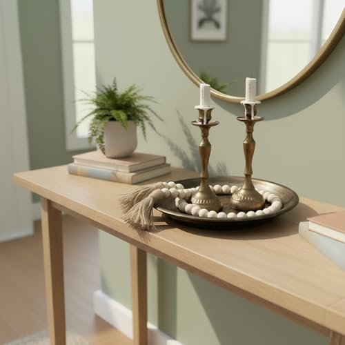 10” Candle Holder Plate Table Décor, Farmhouse Home Decorative Tray for Coffee Table or Dinning Table Centerpieces with 30” Wooden Bead Garland - Black - color: Black