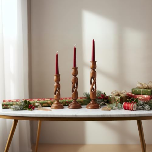 Wooden Candle Holder Set of 3 Pcs - Living Room Decor for Elegant Home Ambiance - Handcrafted Rustic Candle Holders for Holiday Table Centerpiece and Sister Gifts Ideas (Jali)