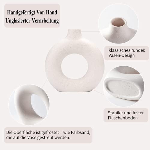 White Ceramic Donut Vase Set of 2, Big Hollow Round Matte Pampas Flower Vases for Boho Home Wedding Party Room Dinner Table Shelf Decor. - color: White, size: Donut Large Set of 2