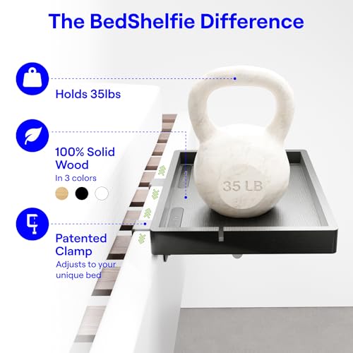 BedShelfie Wood Bedside Shelf for Bunk Bed & Top Bunk, College Dorm Room Essentials, Loft Nightstand, Floating Bed Side Table Tray Storage, Dorm Room Decor By Smallish - (Flexfit Bamboo Model, Black)