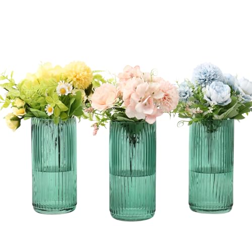 Green Glass Vases, Flower Vases Set of 3, Ribbed Glass Vase for Tulips, Tall Cylinder Glass Vases for Living Room, Bedroom, Dining Table, Office, Wedding, Bookshelf Decoration, 8 Inches - color: Green, size: 8'' X 3Pack