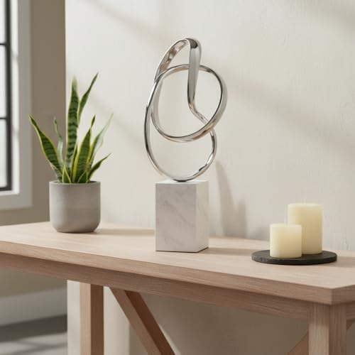 Modern Day Accents 4109 Lazo Abstract Sculpture on Marble, Silver and White Large Decorative Sculpture, Home Decor, Office or Room Decor, Tabletop, 17.5" H