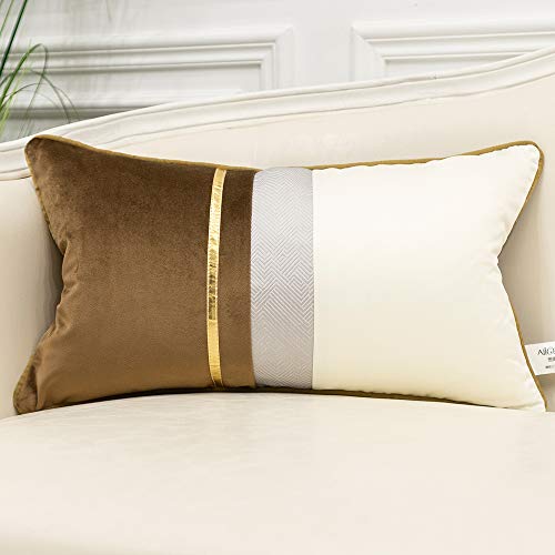 Avigers 12 x 20 Inches Coffee Brown White Gold Leather Striped Patchwork Velvet Cushion Case Luxury Modern Throw Pillow Cover Decorative Pillow for Couch Living Room Bedroom Car - color: Coffee Brown, size: 20" x 12" (Pack of 1)
