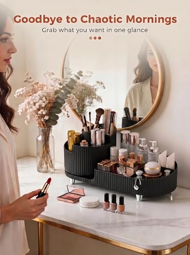 Booklov Rotating Makeup Caddy Organizer for Vanity, Large Capacity Cosmetic Display Case, Countertop Beauty Storage Holder for Skincare, Brush Eyeshadow Lipstick, Counter Desk Organization, Black - color: Black, size: L01