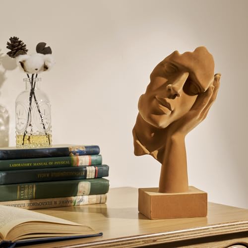 Velvet Flocked Thinker Sculpture for Bookshelf Decor, Hear No Evil Flocked Emotional Art Figurine Modern Abstract Art Statue Spring Decor for Home, Office, Desk Decor (Brown) - color: Nohear-brown
