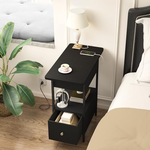 SOOWERY End Table with Charging Station, Narrow Side Table with Flip Top Cabinet and Fabric Drawer, Nightstand Bedside Tables for Small Spaces, Bedroom, Living Room, Black - color: Black