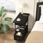 SOOWERY End Table with Charging Station, Narrow Side Table with Flip Top Cabinet and Fabric Drawer, Nightstand Bedside Tables for Small Spaces, Bedroom, Living Room, Black - color: Black