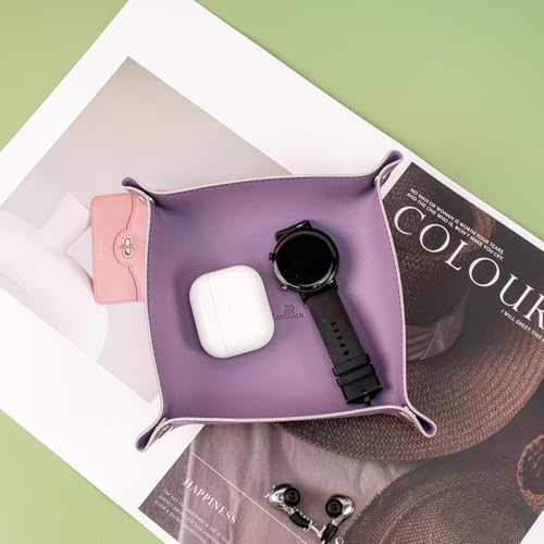 SANQIANWAN PU Leather Arc Edge Jewelry Valet Tray for Man and Women, Portable Mini Entryway Table Tray Bedside Nightstand Desk Tray Small Travel Dish Plate for Key,Wallet,Watch,Coin (Purple) - color: Purple