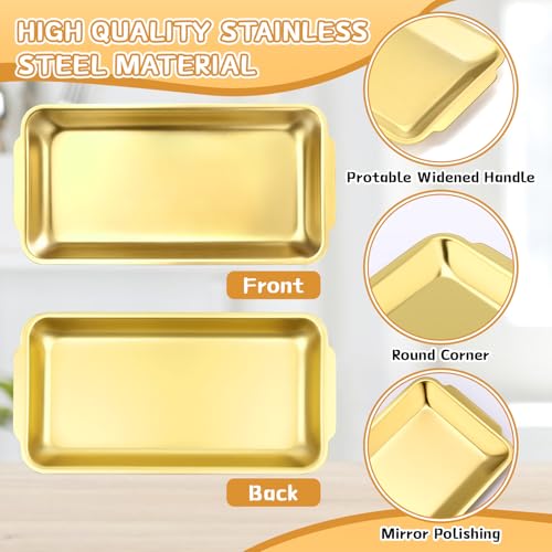 Gold 12 Pcs Small Stainless Steel Serving Tray Bulk 8.66'' x 4.33'' Rectangle Stainless Steel Food Serving Platter with Handle Vanity Tray Decorative Party Plate for BBQ Buffet Appetizer - color: Gold