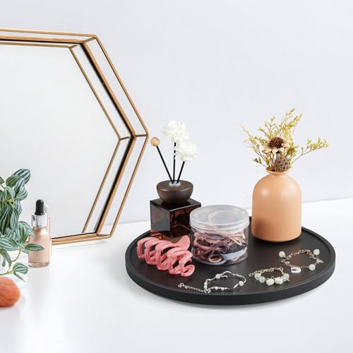 12 Inch Wood Round Tray, Wooden Decorative Serving Coffee Table Tray Centerpiece Candle Holder for Black Kitchen Dining Room Home Decor Coffee Table Decor and Accessories - color: Black, size: 12"