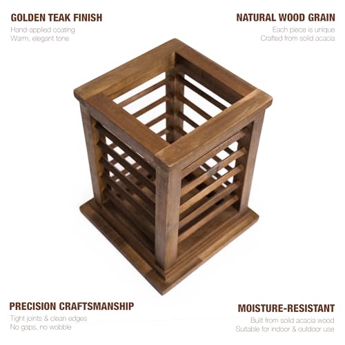Premium 11.5" H Lantern Decorative Indoor & Outdoor - Large Wooden Candle Lantern & Plant Stand for Holiday Decor, Farmhouse, Patio, Table | Golden Teak Finish