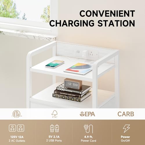 Lazzanto Night Stand Bedside Table Bedroom - White Nightstand with Charging Station & LED Light Strip, Morden Bed Side End Table with Storage Shelf & 2 Fabric Drawers, U-S-B Ports & AC Outlets - color: White, size: 2 Drawers