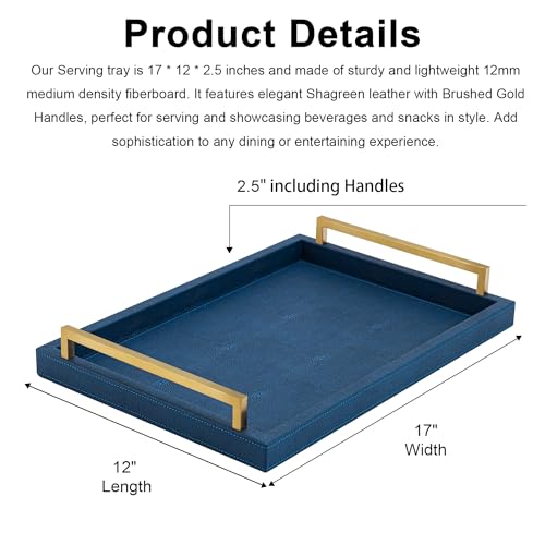 XIGEXIGE Navy Blue Decorative Serving Tray, Shagreen Leather Coffee Table Tray, Rectangle for Home Decor - color: Blue, size: 17" x 12" x 2.5"
