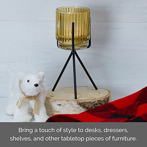Elements 3.94x3.94x6.89 Inch Gold Glass and Black Metal Stand Candleholder, for Use with a Wax or Flameless Tealight Candle