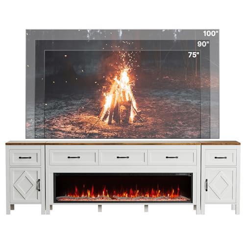 BVIUNTWO Modern TV Stand with Fireplace for TVs Up to 100 Inch,Entertainment Center with 60" Electric Fireplace,98" TV Console with Storage Cabinet Drawers for Living Room(Off White) - size: 98 Inch
