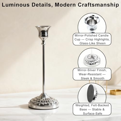 BEAHOT Silver Candle Holders, Set of 6 with Matching Candle Snuffer – Elegant Durable Non-Slip Candlestick Holders for Christmas Decorations Wedding Centerpiece, Dining Table & Home Gift Display - color: Silver 6 Pack