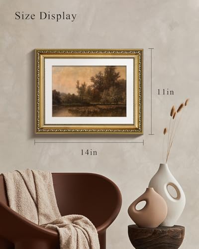 VIYYIEA Vintage Gold Framed Wall Art for Living Room, Lakeside Forest Artwork Prints Decor, Farmhouse Moody Landscape Wall Decor, Gallery Picture Painting, for Bedroom Bathroom Kitchen 14L x 11W - color: Lakeside Forest, size: 14"L x 11"W