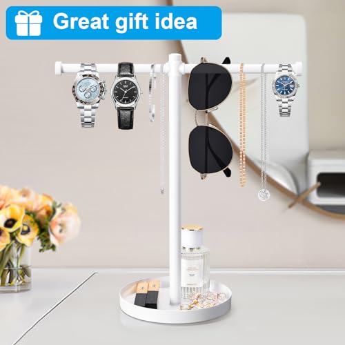bodkar Jewelry Necklace Organizer Stand,12.9" Tall Sturdy Metal Jewelry Stand with Round Tray for Bracelet Bangles Holder Display,Long Necklace Organizer Holder (white) - color: White
