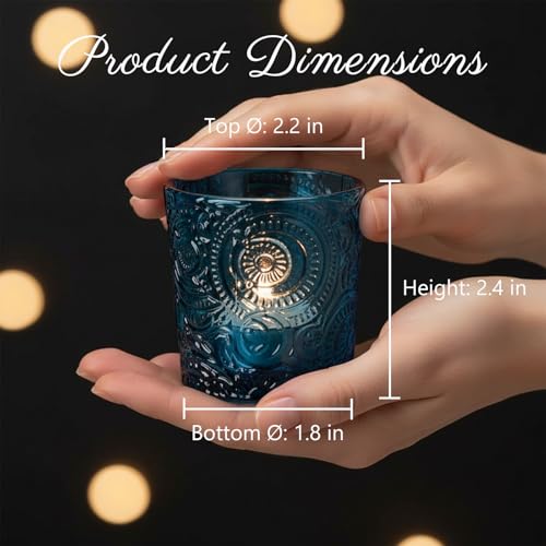 12 Pack Patented Sun Moon Star Embossed Glass Tea Light Candle Holders - Unique Votive Candle Holders for Wedding, Party, and Table Centerpieces (Ocean Blue) - color: Ocean Blue