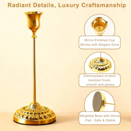 BEAHOT Gold Candle Holders, Set of 3 with Matching Candle Snuffer – Elegant Durable Non-Slip Candlestick Holders for Christmas Decorations Wedding Centerpiece, Dining Table & Home Gift Display - color: Gold 3 Pack