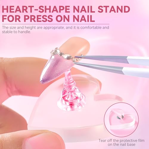 Nail Stand For Press On Acrylic Strong Magnetic Nail Holder Kit For Painting Nails Tip Arts Display With 200PCS Double-Sided Tape And 1 Heart Shaped Acrylic Magnetic Presson Stand (Clear And Pink, Medium) - color: Clear And Pink, size: Medium
