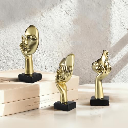 Modern Living Room Decoration - Gold Abstract Sculpture Decor For Shelves, Thinker Statues Set Of 3, Resin Face Knick Knacks Home Decor For Office Bookshelf, Shelf Side, Table, Gift For Friends - color: Gold Abstract Sculpture Decor