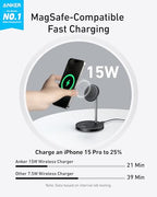 Anker MagSafe Compatible MagGo Charger Stand, iPhone 17 Wireless Charger, 2-in-1 Charging Station, Qi2 Certified 15W Fast Charging, for iPhone 17/16/15/14/13/12, AirPods Pro (Black, No Adapter) - color: Black
