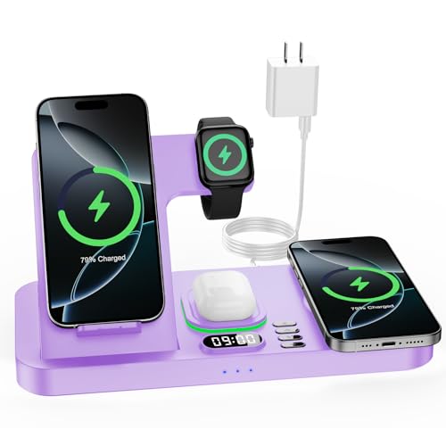 Dual Phone Wireless Charging Station for Apple Devices, Magnetic Charging Station for iPhone with Auto Switch 7-Color Light&Clock,Family Watch Charger for iPhone17 for iWatch11for AirPods Pro3(Lilac - color: Lilac