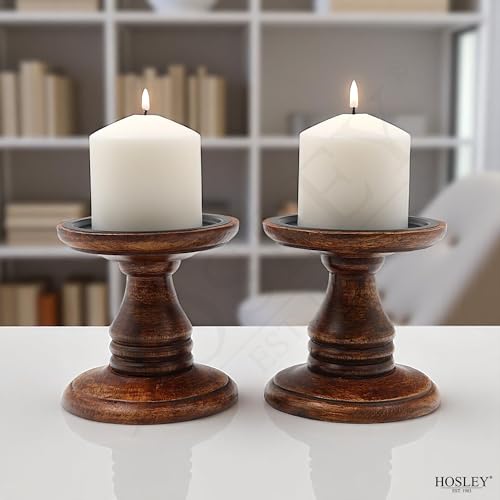 Hosley Set of 2 Brown Wood Pillar Candle Holders 5 Inch High Ideal Gift for Weddings Bridal Party Spa Reiki Meditation Votive LED Pillar Candle Gardens - color: Brown 3