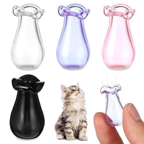 Ymapinc 4Pcs Glass Cat Whiskers Holder Tiny Vases for Flowers, Cute Miniature Jars, Small Decoration for Dollhouse DIY Plant Decor - color: Clear+black+pink+purple