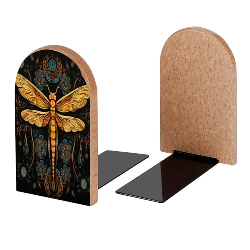 Mandala Dragonfly Book Ends Decorative Wood Bookends for Shelves Kids Room Desk Home Office Book Stoppers for Magazines,Books, DVDs, 1 Pair/2 Pieces(5x3.1 in)