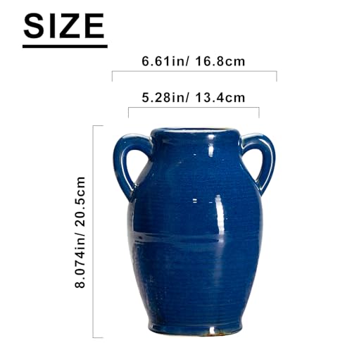 Sunddo Blue Ceramic Vase for Pampas Grass, 8 Inch Modern Decorative Vase with 2 Handles, Blue Centerpiece for Living Room Dining Entryway Living Table Farmhouse Office Decor - color: Blue, size: 8 Inch